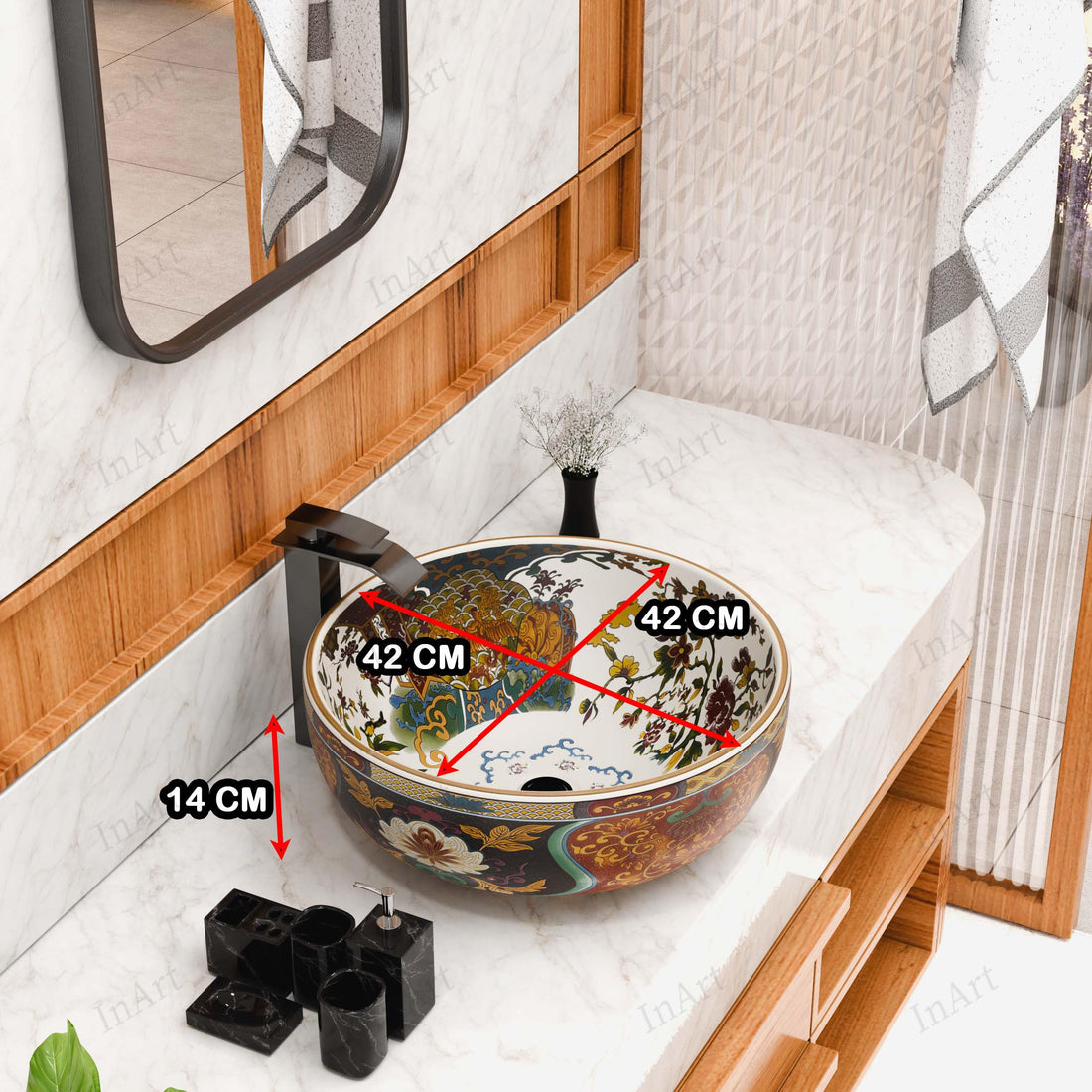 InArt Glossy Multicolor Ceramic Round Vessel Sink – Hand-Painted Pattern, 16.5"