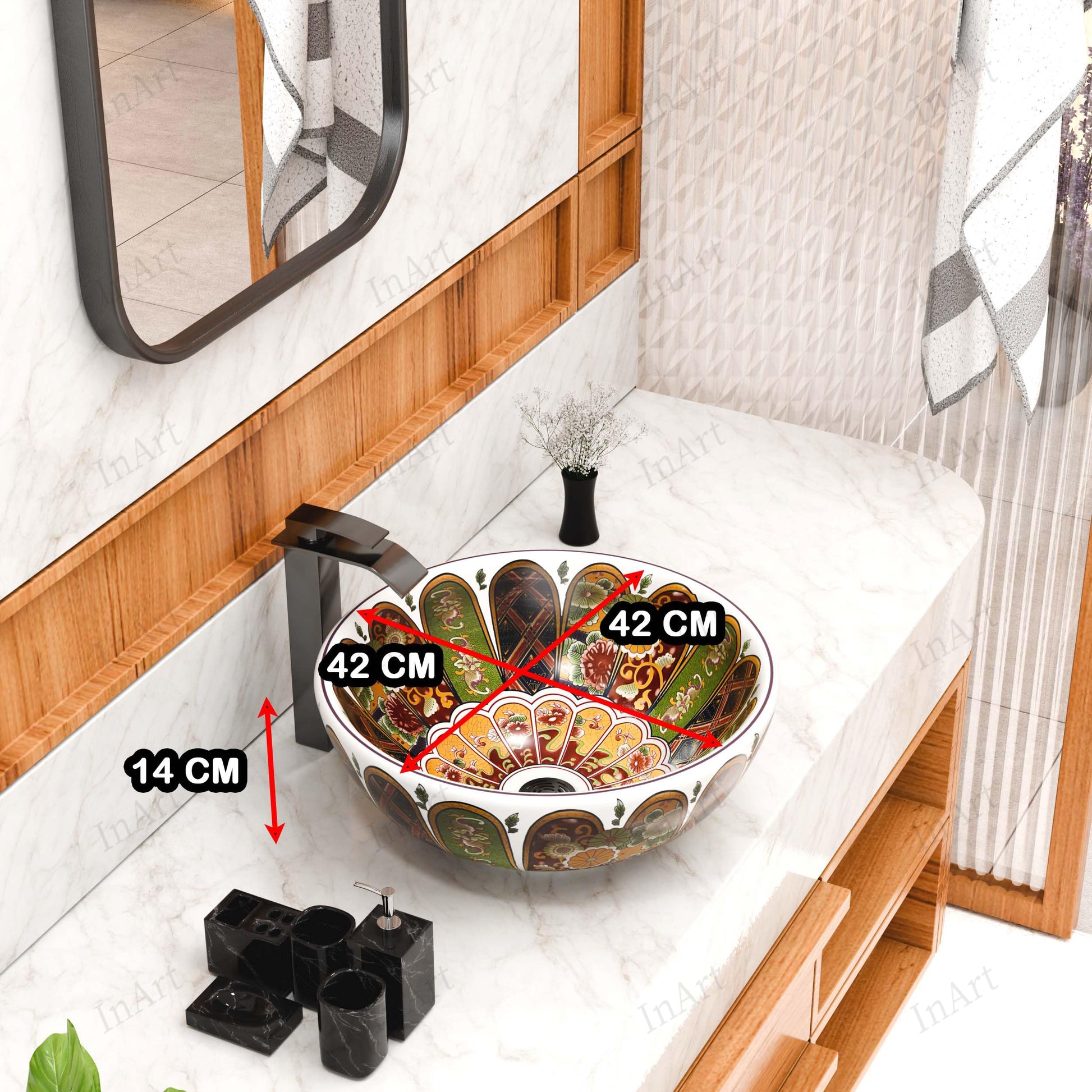 Over counter bathroom sink angled view, ceramic round vessel sink with multicolor Moroccan pattern, glossy finish