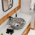 Bathroom countertops with sink view, ceramic round above counter bathroom sink in glossy light blue pattern