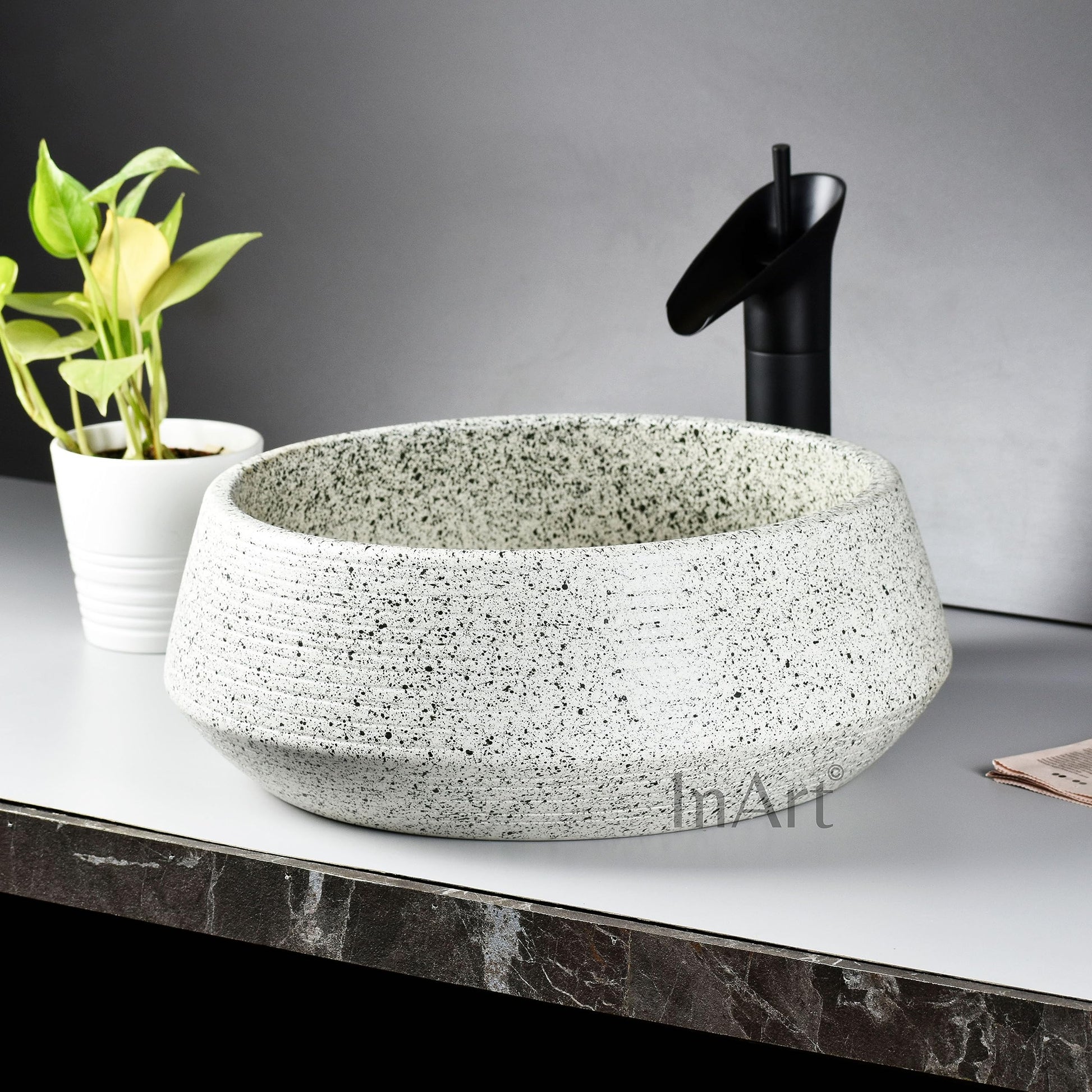 Modern sink side profile, round ceramic wash basin vessel in light green for above-counter vanity