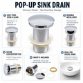 InArt polished chrome push-button pop-up sink drain, removable cap, solid brass construction