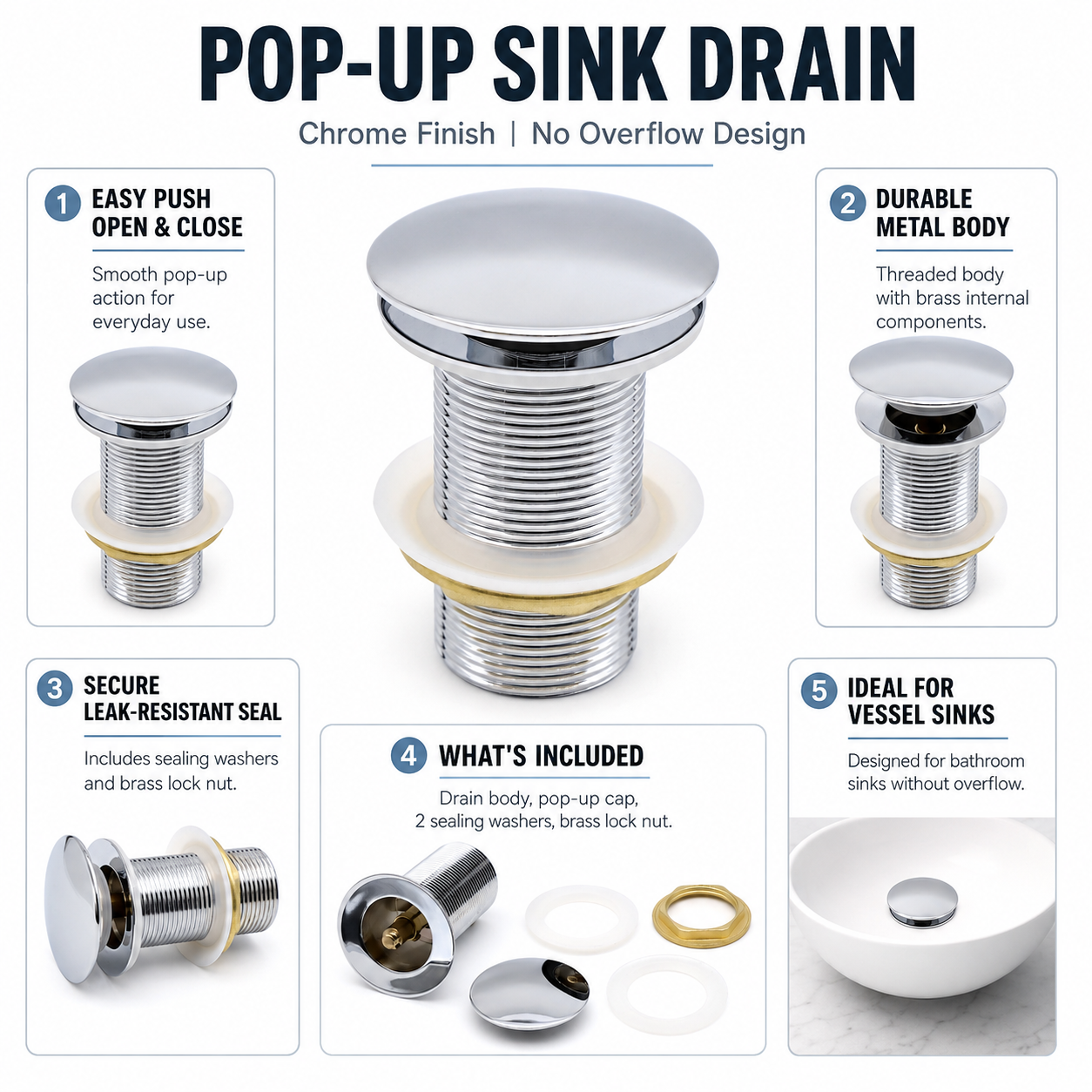 InArt polished chrome push-button pop-up sink drain, removable cap, solid brass construction