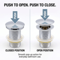 InArt solid brass pop-up sink drain with removable cap and push-to-seal mechanism in polished chrome