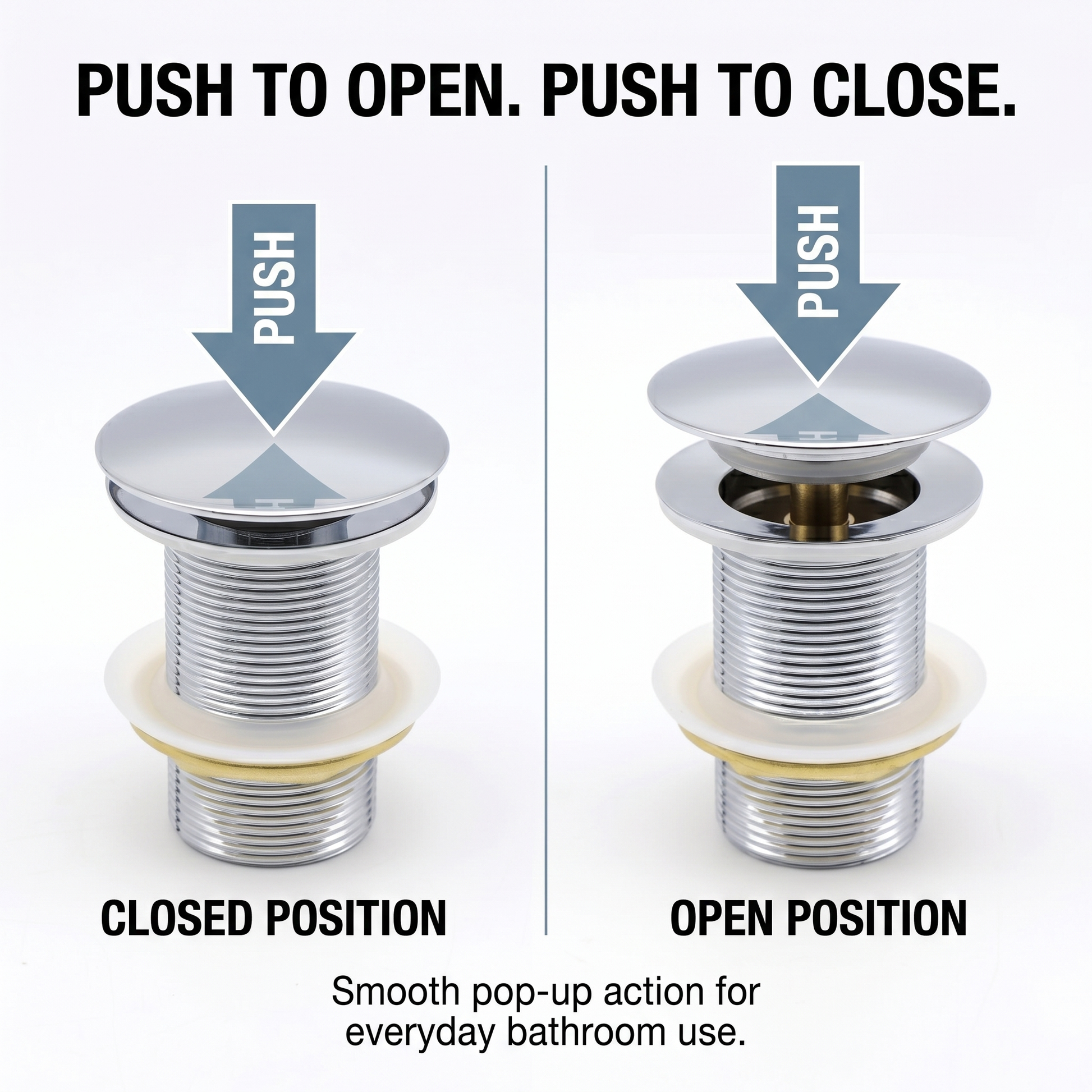 InArt solid brass pop-up sink drain with removable cap and push-to-seal mechanism in polished chrome