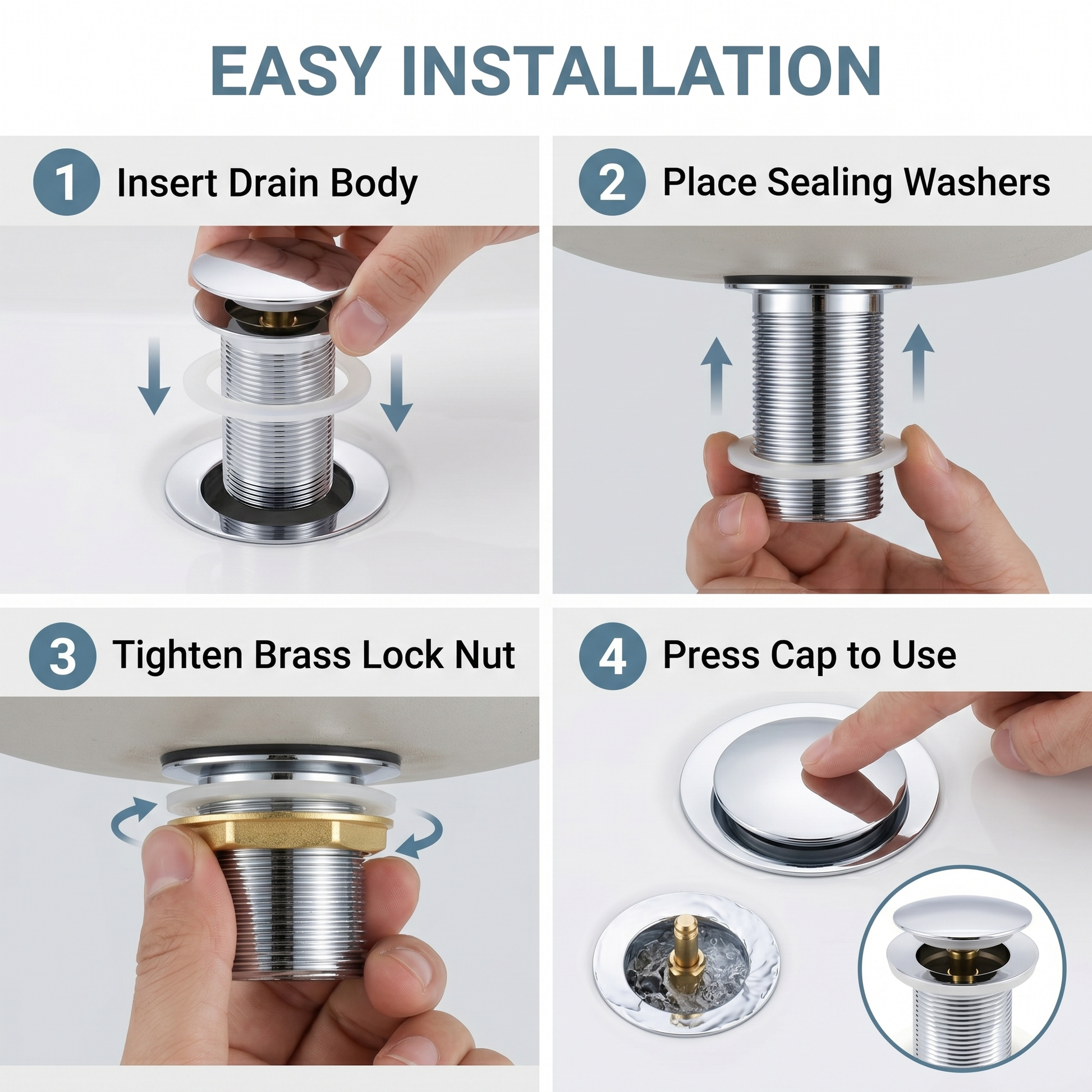 Polished chrome push-button drain assembly for vessel and vanity sinks by InArt