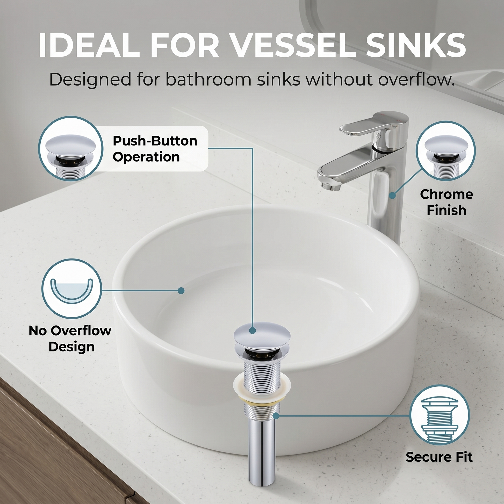 InArt no-overflow push-button pop-up bathroom sink drain in mirror polished chrome