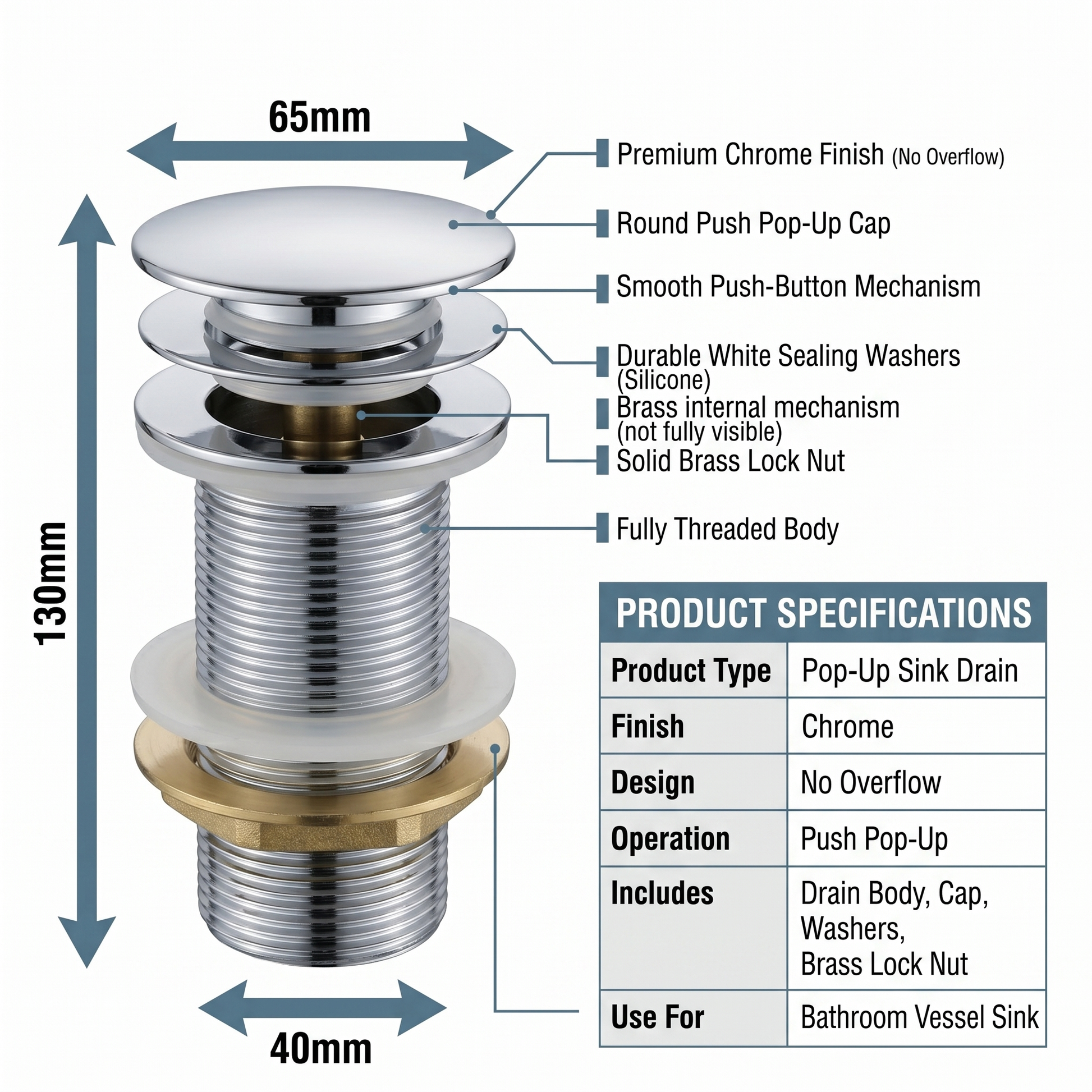 Push-button pop-up bathroom sink drain stopper in polished chrome with solid brass build by InArt