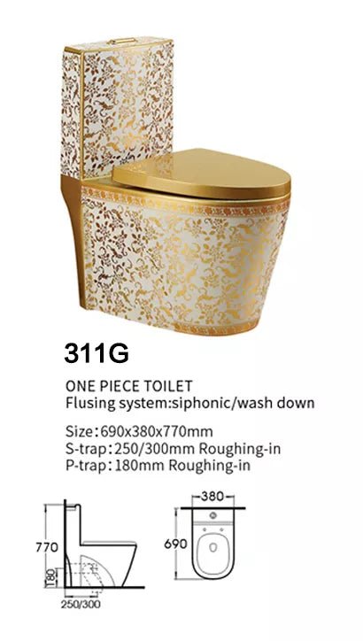InArt Dual Flush One Piece Syphonic Elongated Toilet with Actuator Flush - Seat Included in Gold Color - InArt-Studio-USA