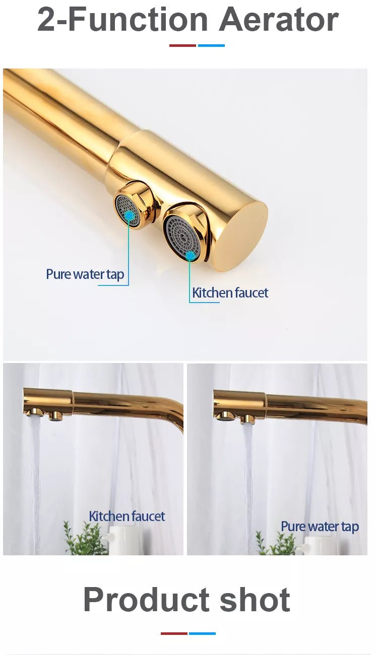 InArt Kitchen Sink Mixer Gold Finish Contemporary Kitchen Sink Faucet Brass Single Hole Dual Handle Kitchen Faucet with Water Filtering - InArt-Studio-USA