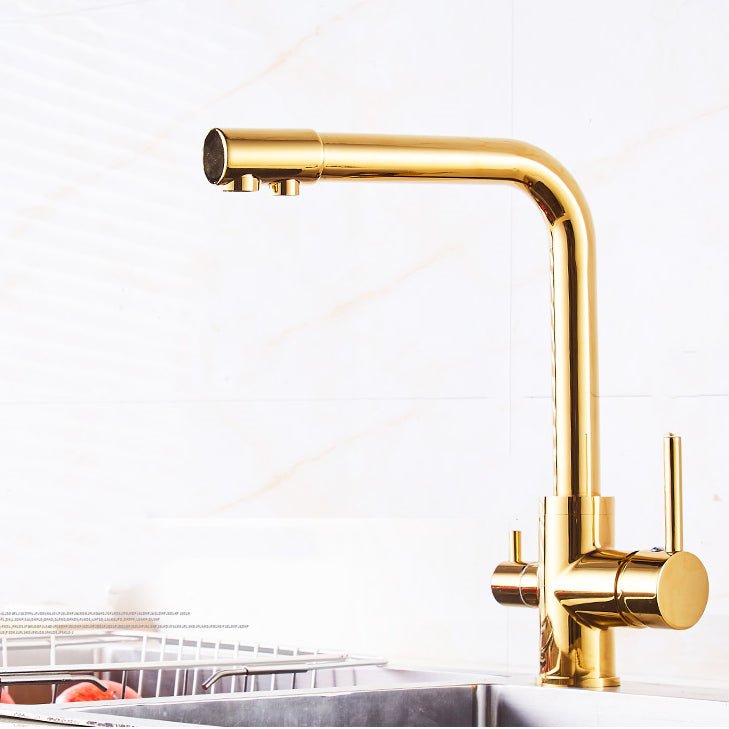 InArt Kitchen Sink Mixer Gold Finish Contemporary Kitchen Sink Faucet Brass Single Hole Dual Handle Kitchen Faucet with Water Filtering - InArt-Studio-USA