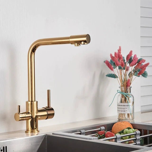 InArt Kitchen Sink Mixer Gold Finish Contemporary Kitchen Sink Faucet Brass Single Hole Dual Handle Kitchen Faucet with Water Filtering - InArt-Studio-USA