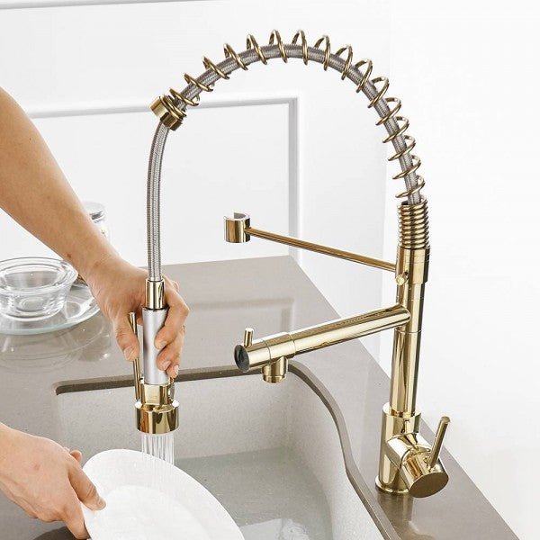 InArt Kitchen Sink Mixer Golden Finish Contemporary Kitchen Sink Pull Down Single Handle Kitchen Faucet with Multi-Function Spray Head - InArt-Studio-USA
