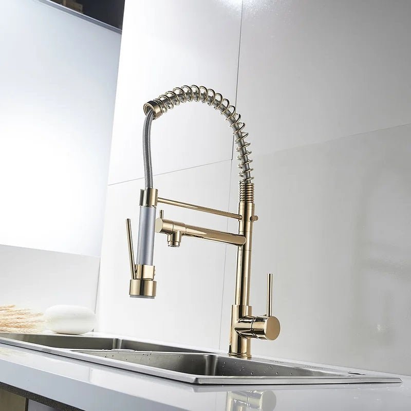 InArt Kitchen Sink Mixer Golden Finish Contemporary Kitchen Sink Pull Down Single Handle Kitchen Faucet with Multi-Function Spray Head - InArt-Studio-USA