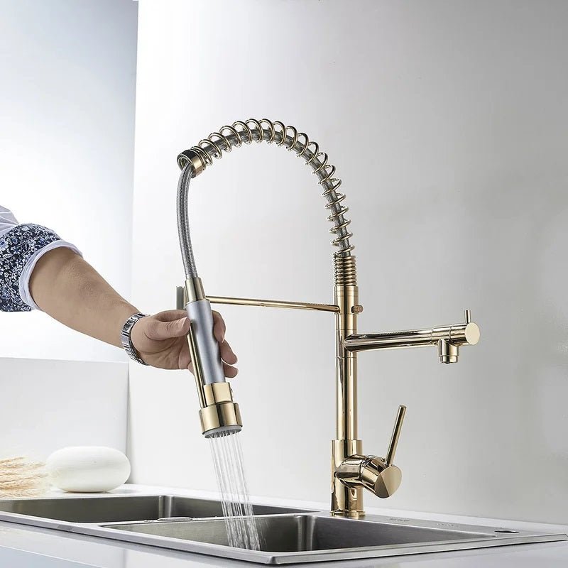 InArt Kitchen Sink Mixer Golden Finish Contemporary Kitchen Sink Pull Down Single Handle Kitchen Faucet with Multi-Function Spray Head - InArt-Studio-USA