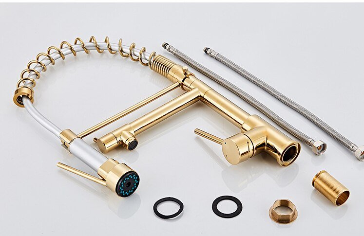 InArt Kitchen Sink Mixer Golden Finish Contemporary Kitchen Sink Pull Down Single Handle Kitchen Faucet with Multi-Function Spray Head - InArt-Studio-USA