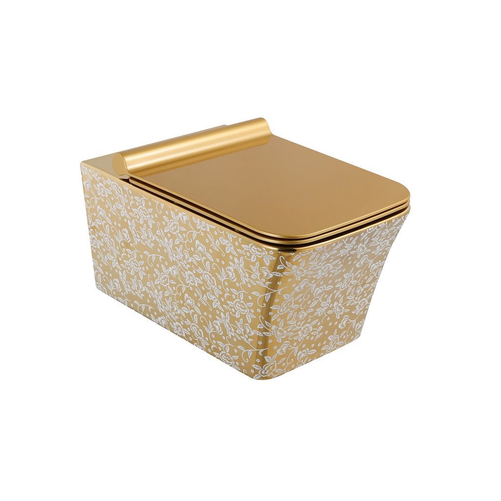 InArt Luxury Elongated Wall-Mount Toilet Rimless Flushing Ceramic - Seat Included in Gold Color - InArt-Studio-USA