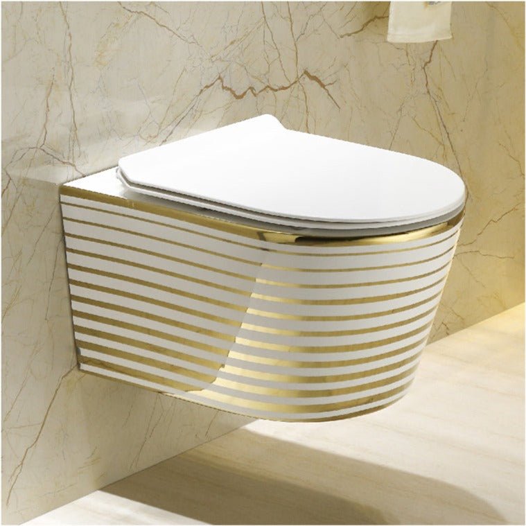 InArt Luxury Elongated White Gold Color Wall-Mount Toilet Rimless Flushing Ceramic - Seat Included - InArt-Studio-USA