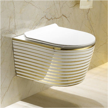 InArt Luxury Elongated White Gold Color Wall-Mount Toilet Rimless Flushing Ceramic - Seat Included - InArt-Studio-USA