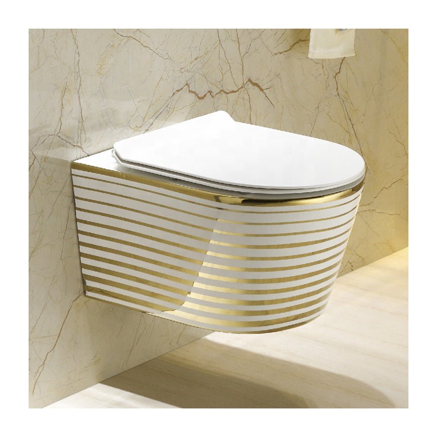 InArt Luxury Elongated White Gold Color Wall-Mount Toilet Rimless Flushing Ceramic - Seat Included - InArt-Studio-USA