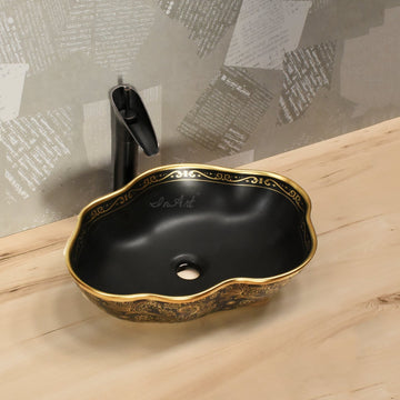 InArt Oval Matt Black Golden Color Bathroom Ceramic Vessel Sink Art Basin 50 x 38 CM - InArt-Studio-USA