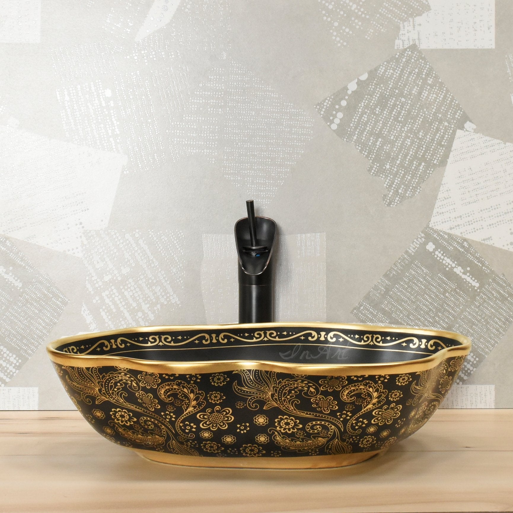 InArt Oval Matt Black Golden Color Bathroom Ceramic Vessel Sink Art Basin 50 x 38 CM - InArt-Studio-USA