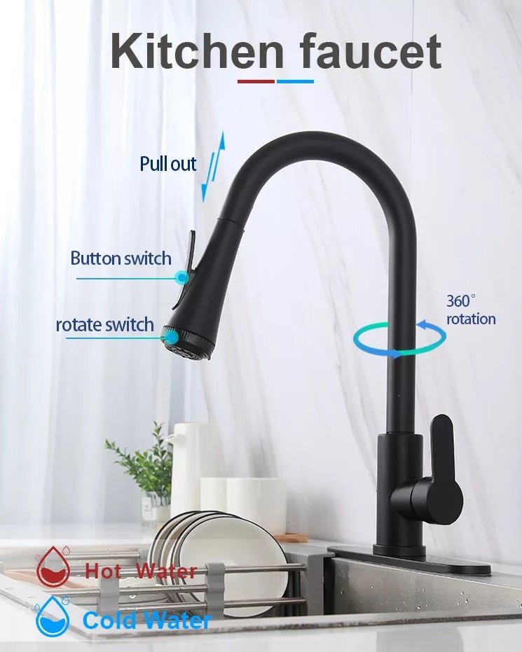 InArt Pull Down Single Handle Kitchen Faucet with TurboSpray and FastMount in Black Matt - InArt-Studio-USA